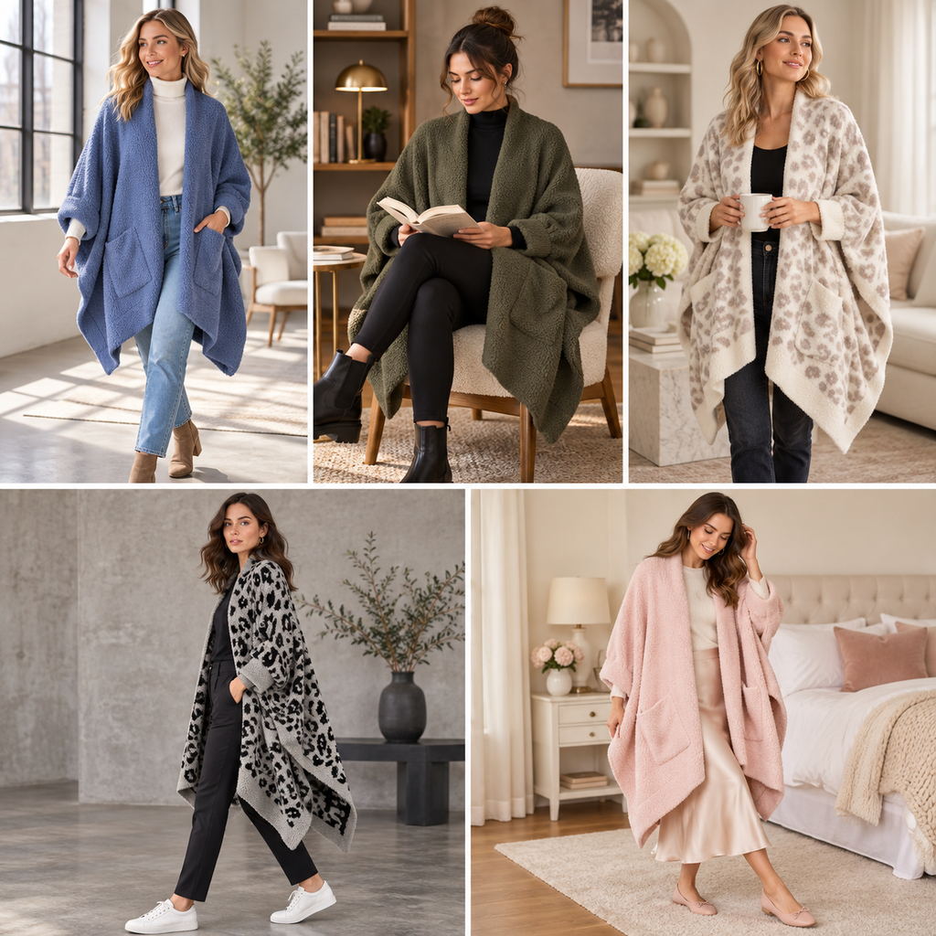 Women's Faux Sherpa Wearable Cape Blanket — One Size, Solid Color Double-Layer Design