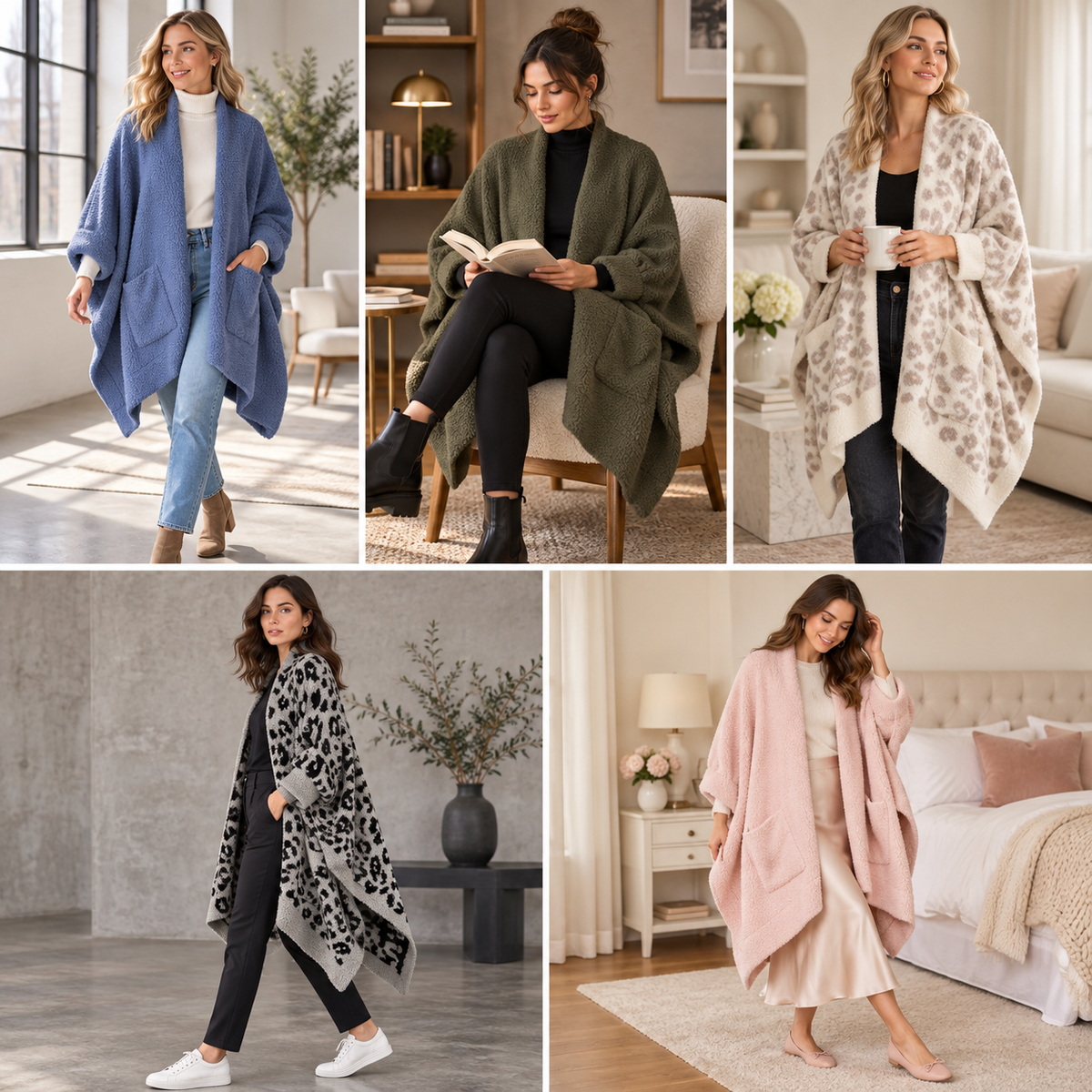 Women's Faux Sherpa Wearable Cape Blanket — One Size, Solid Color Double-Layer Design