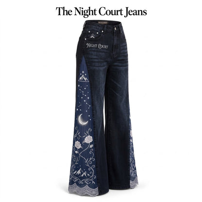 Women's Gothic Dragon Embroidered Jeans – Lace-Panel Wide-Leg Denim