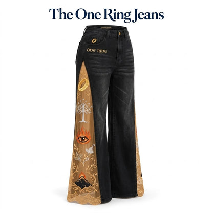 Women's Gothic Dragon Embroidered Jeans – Lace-Panel Wide-Leg Denim