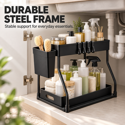 2-Tier Pull-Out Under-Sink Organizer with Hooks &amp; Side Basket