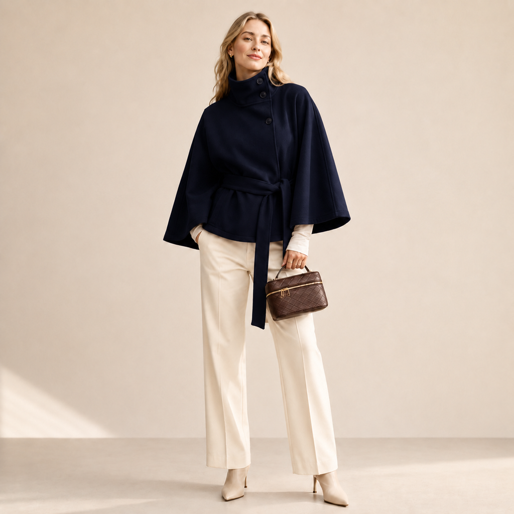 Women's Belted Cape Coat – Oversized Cropped Poncho Jacket