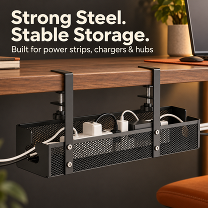 Under-Desk Cable Management Tray – No-Drill Clamp Organizer for Desks Up to 2" Thick