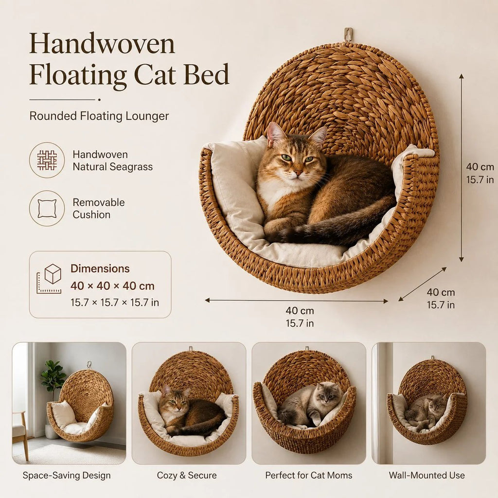 Handwoven Floating Cat Bed & Wall Perch: Space-Saving Lounger with Ultra-Soft Washable Cushion 🐱✨