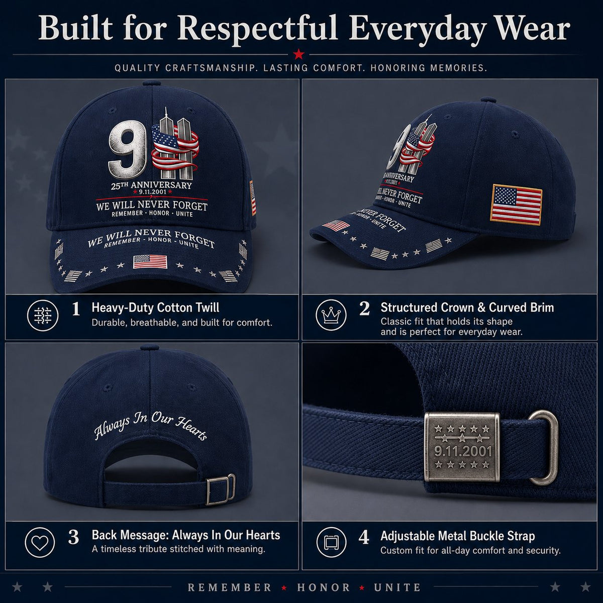 9/11 25th Anniversary We Will Never Forget Embroidered Memorial Baseball Cap – Unisex Patriotic Memorial Hat🧢 100% Cotton