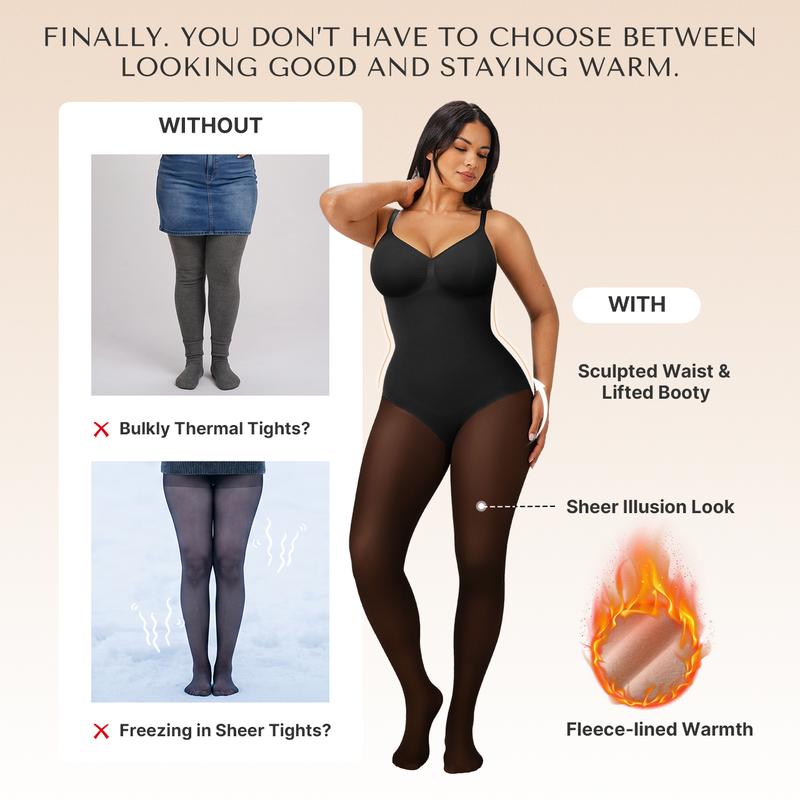 Fleece-Lined Sheer Shaping Bodysuit Tights – Warm, Smooth & Sculpted