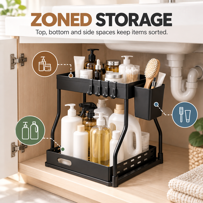 2-Tier Pull-Out Under-Sink Organizer with Hooks &amp; Side Basket