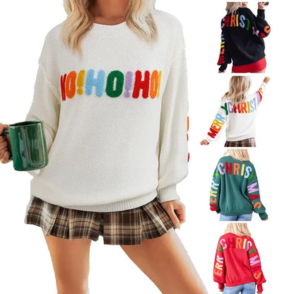 🎄 Women's Oversized Christmas Sweater – Colorful Chenille HO HO HO & MERRY CHRISTMAS Graphic Knit Pullover