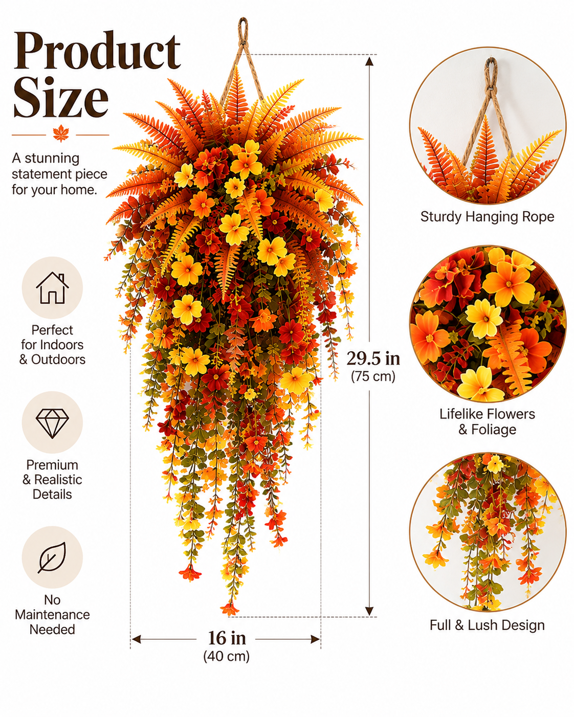🍂 UV-Resistant Faux Boston Fern Hanging Plant – Cozy Fall & Winter Outdoor Decor