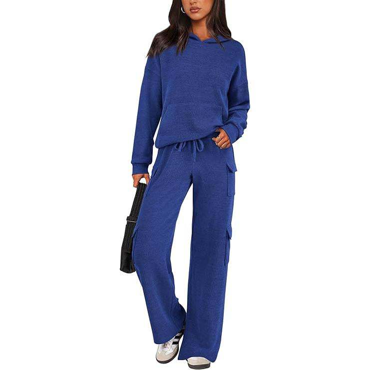 Women’s Soft Hooded Lounge Set with Wide-Leg Cargo Pants & Pockets