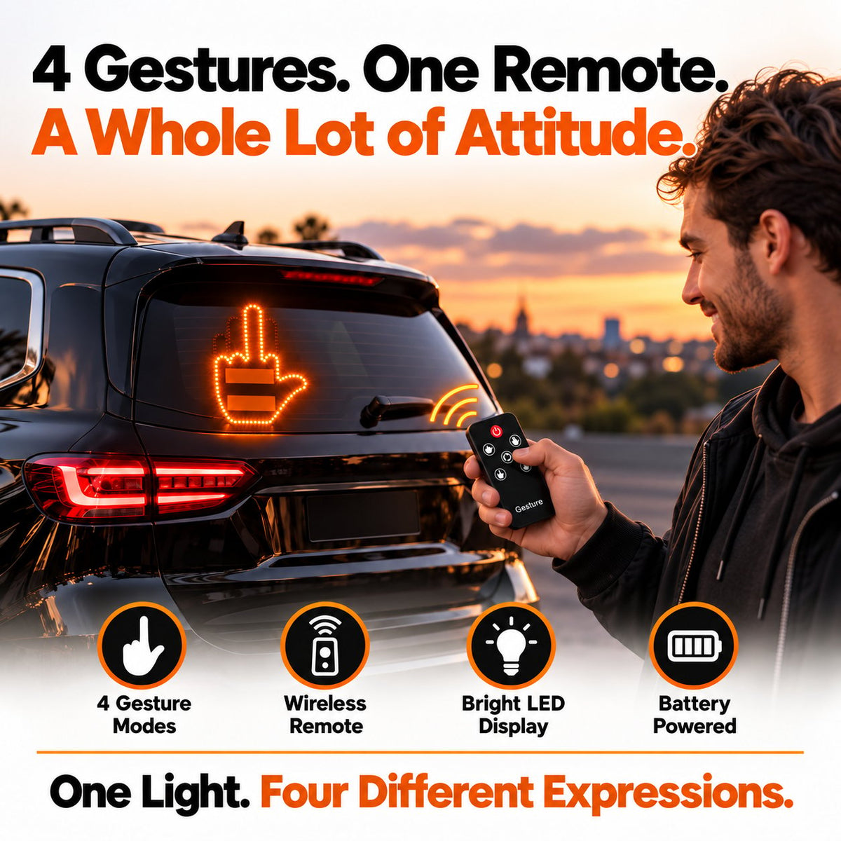 ✋🔥 LED Car Gesture Light – Wireless Remote-Controlled LED Hand Sign