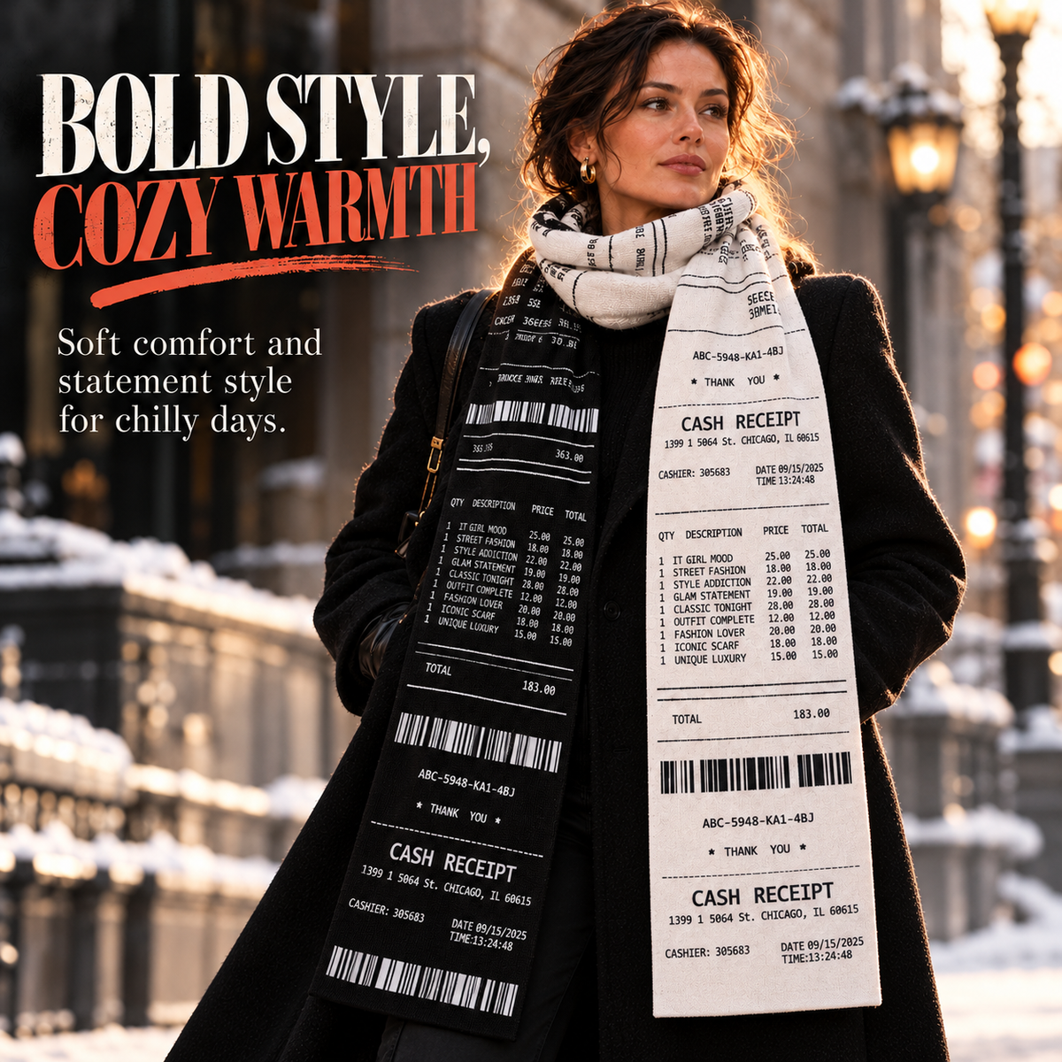 🧣Extra-Long Receipt Print Scarf – Fashionable, Warm & Comfortable🧣