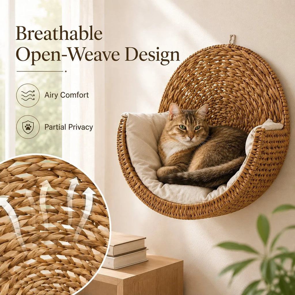 Handwoven Floating Cat Bed & Wall Perch: Space-Saving Lounger with Ultra-Soft Washable Cushion 🐱✨