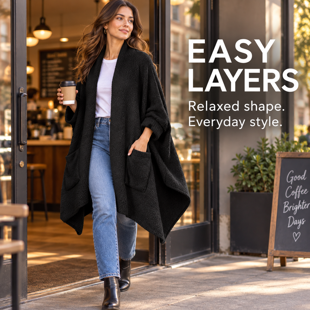 Women's Faux Sherpa Wearable Cape Blanket — One Size, Solid Color Double-Layer Design