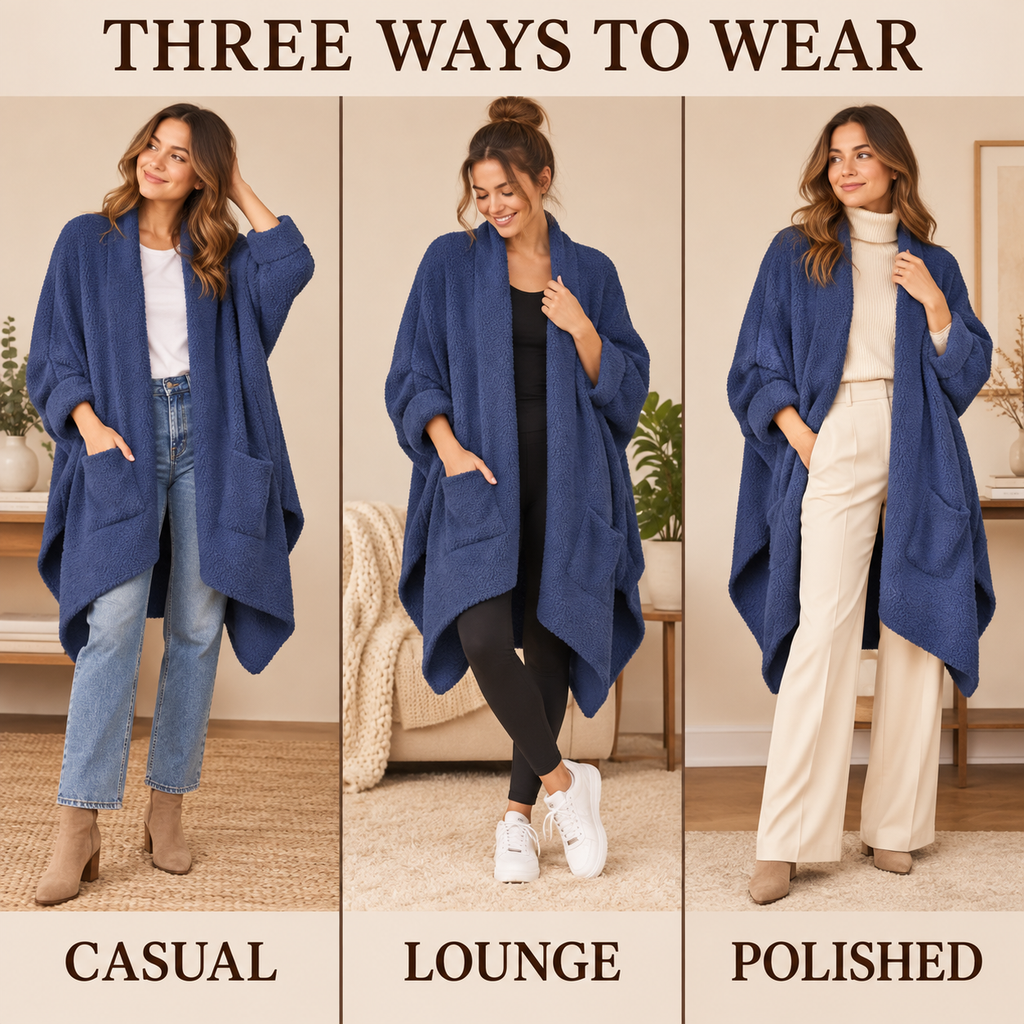 Women's Faux Sherpa Wearable Cape Blanket — One Size, Solid Color Double-Layer Design