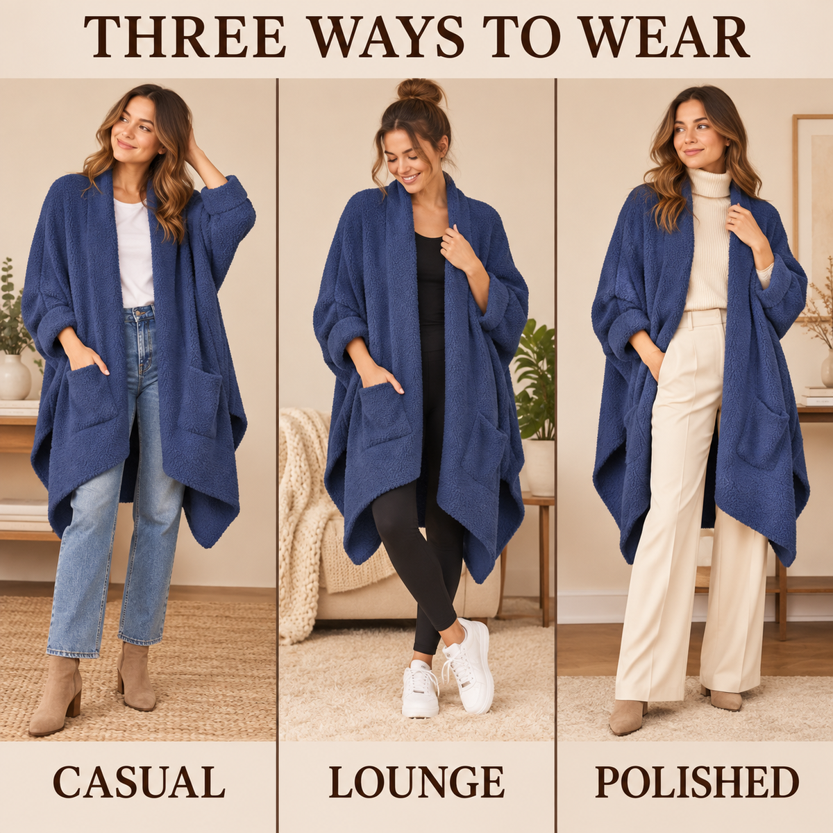 Women's Faux Sherpa Wearable Cape Blanket — One Size, Solid Color Double-Layer Design