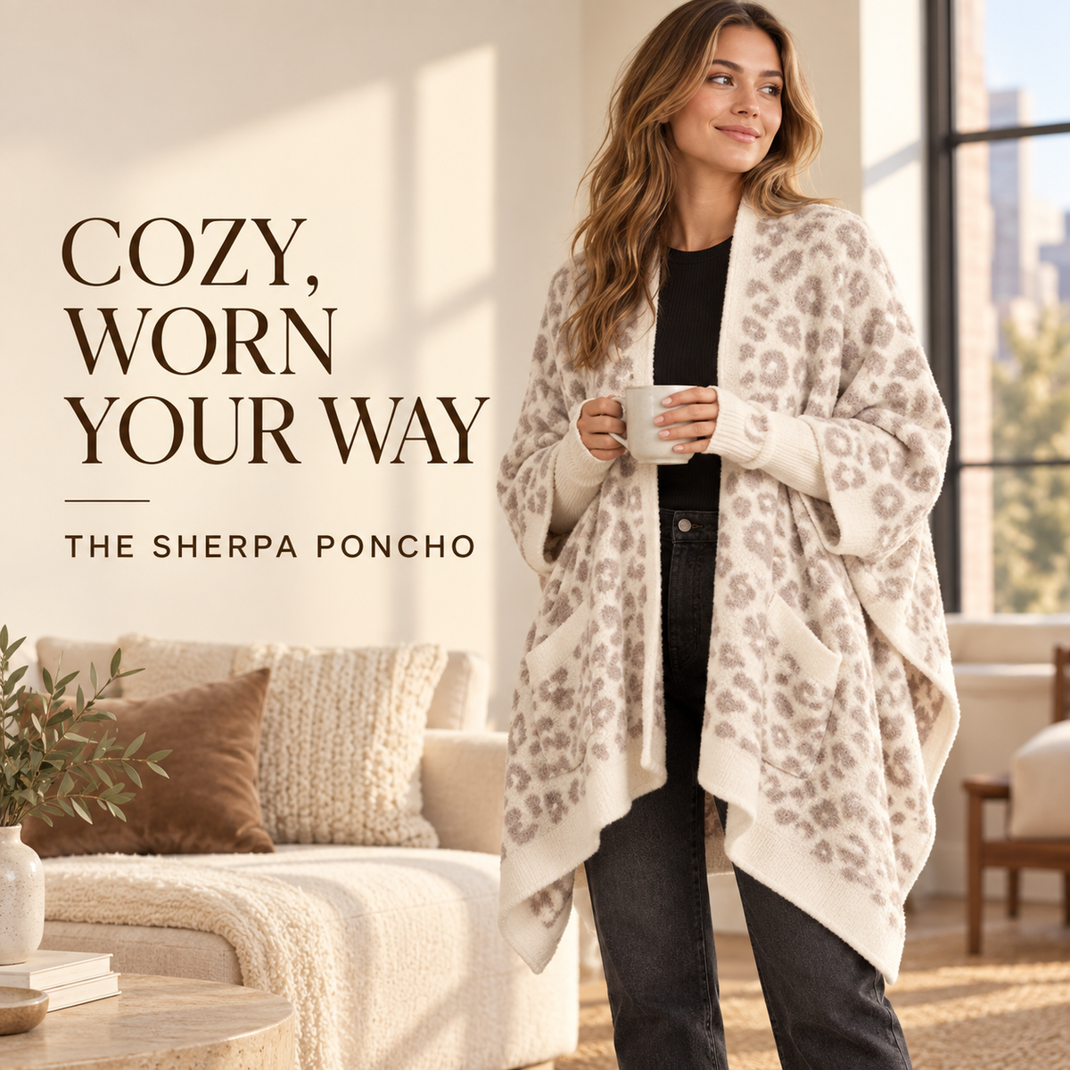 Women's Faux Sherpa Wearable Cape Blanket — One Size, Solid Color Double-Layer Design