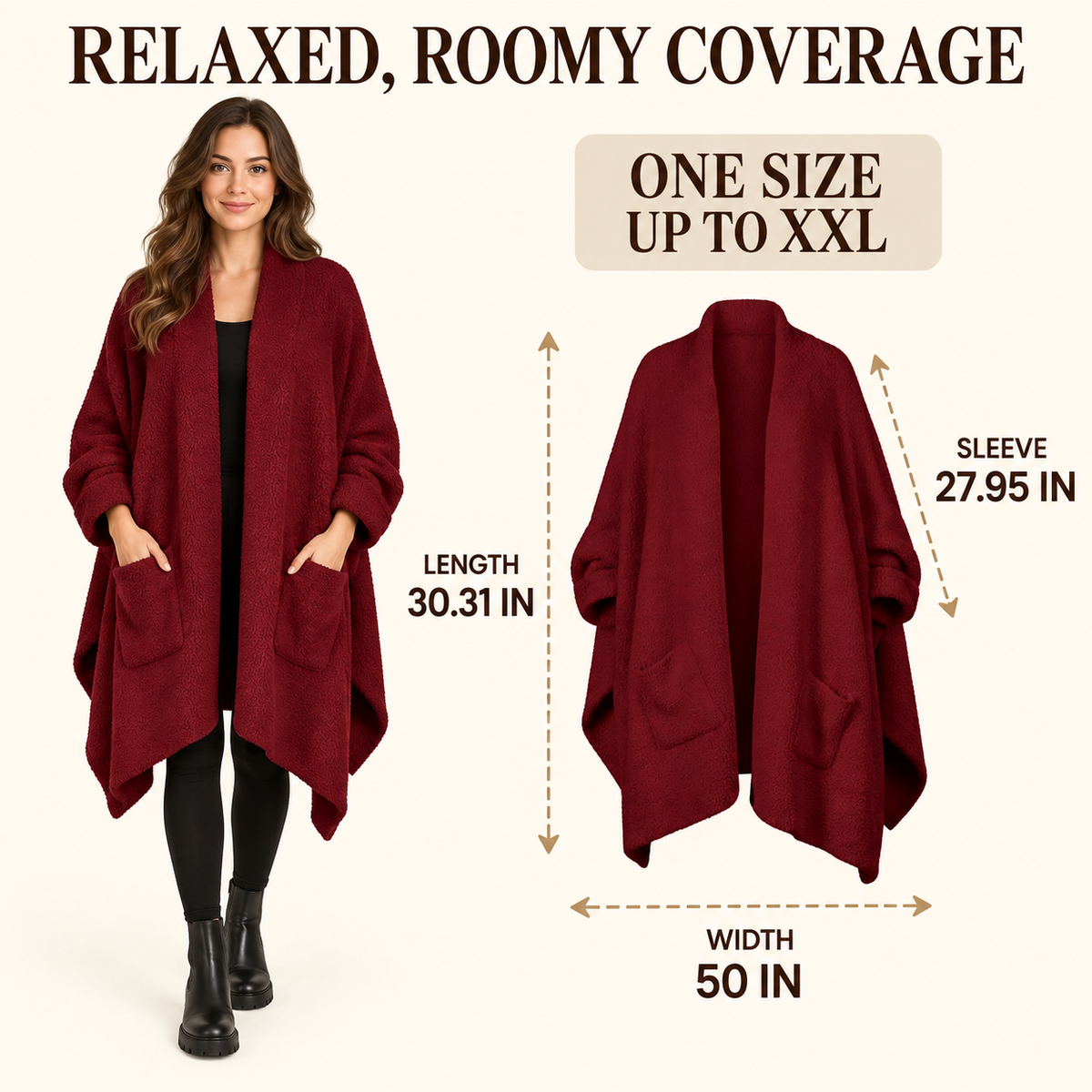 Women's Faux Sherpa Wearable Cape Blanket — One Size, Solid Color Double-Layer Design