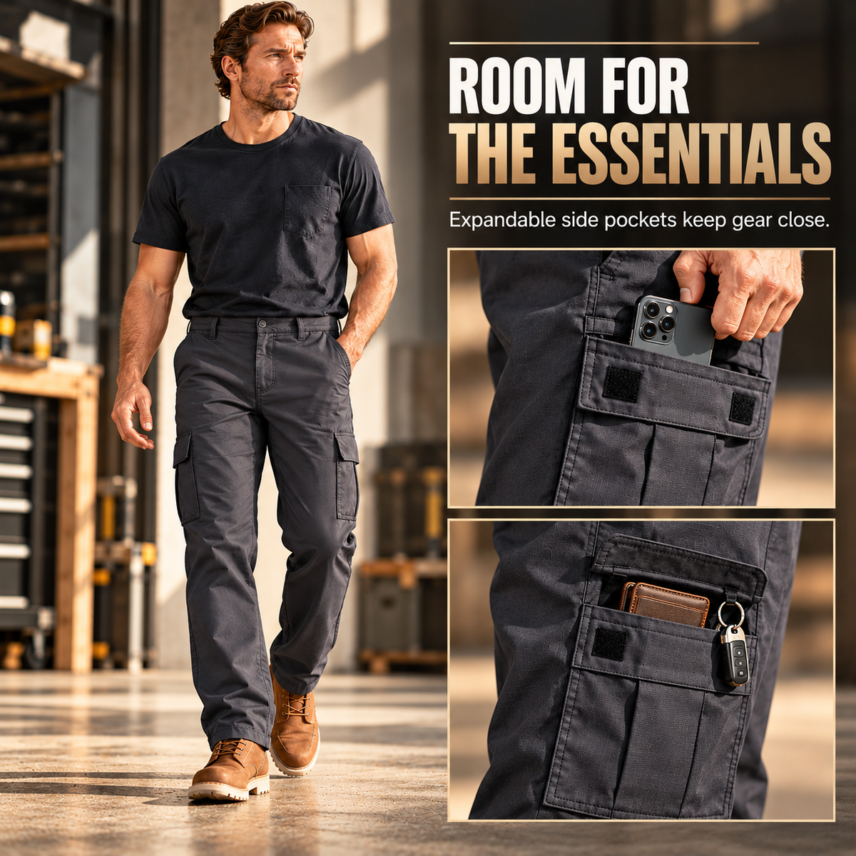 Men’s Flexible Stretch Regular Fit Cargo Pants | Comfort Straight Leg Work Pants with Expandable Pockets
