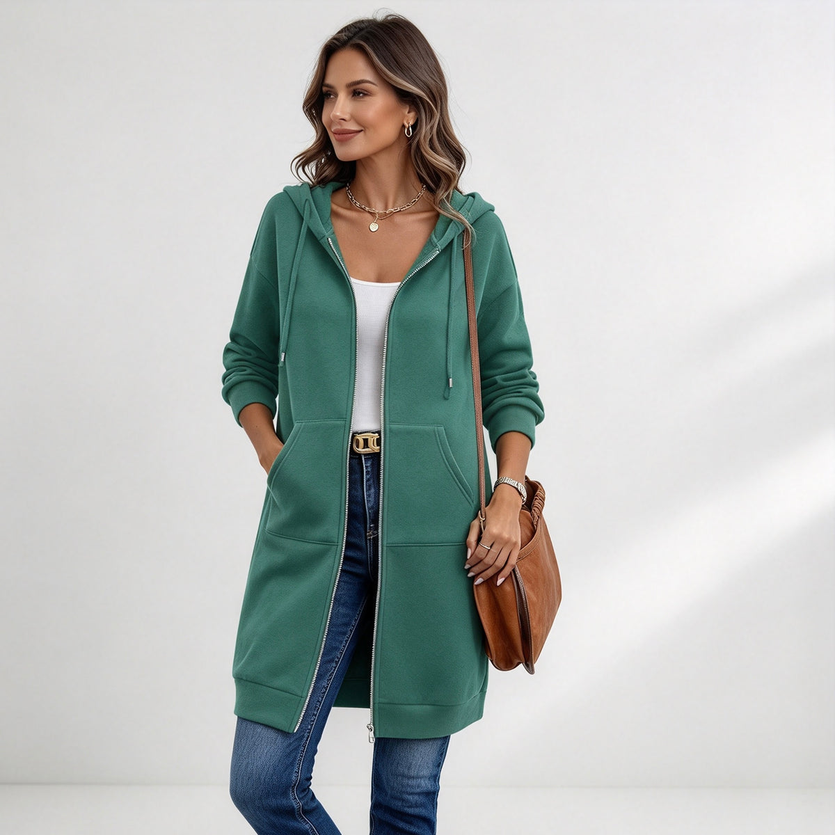 Women's Long Zip-Up Fleece Hoodie – Casual Oversized Full-Zip Outerwear with Pockets