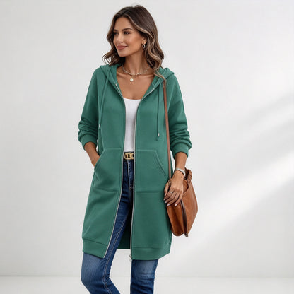 Women's Long Zip-Up Fleece Hoodie – Casual Oversized Full-Zip Outerwear with Pockets