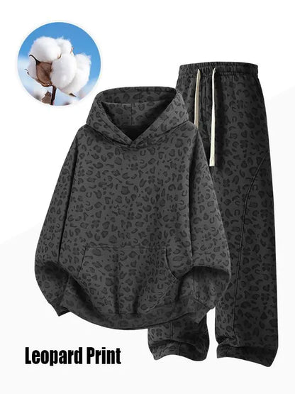 Unisex Cotton 2-Piece All-Over Leopard Print Streetwear Set