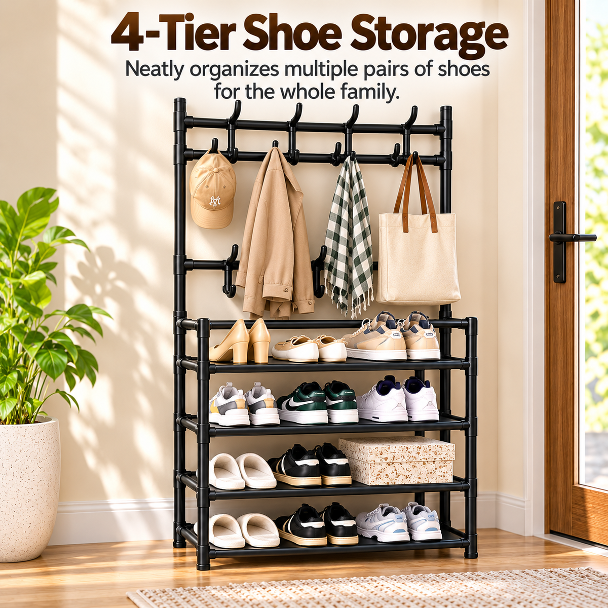 ✨️3-in-1 Entryway Organizer with 4-Tier Shoe Rack, Coat Rack & 8 Hooks✨️