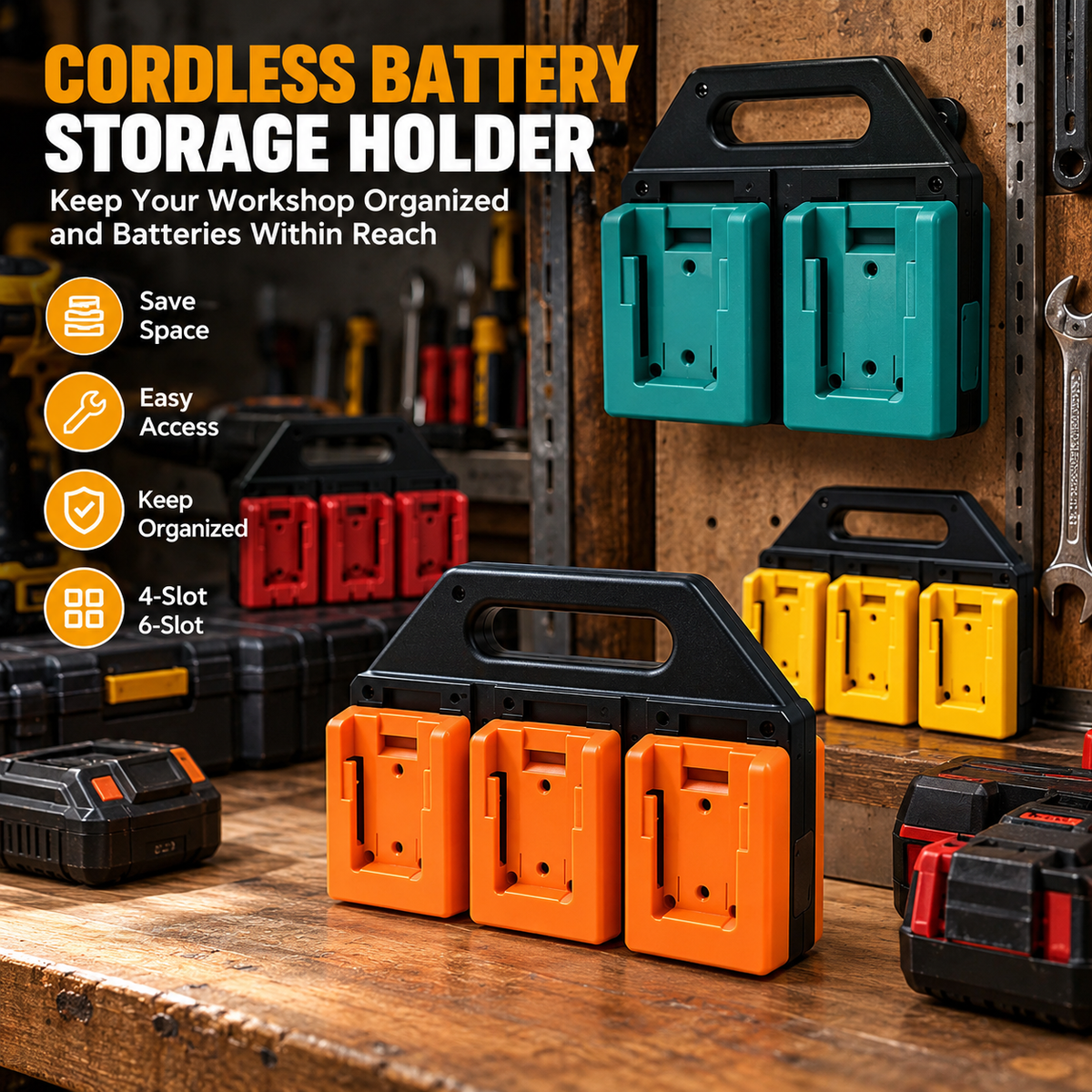 Cordless Tool Battery Storage Rack – 4/6-Slot Organizer, Compatible with DeWalt, Makita & Milwaukee