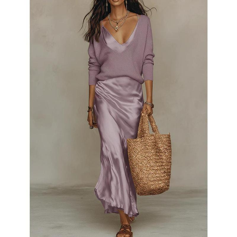 💃Women’s 2-Piece V-Neck Knit Sweater & Satin Slip Maxi Dress Set💃