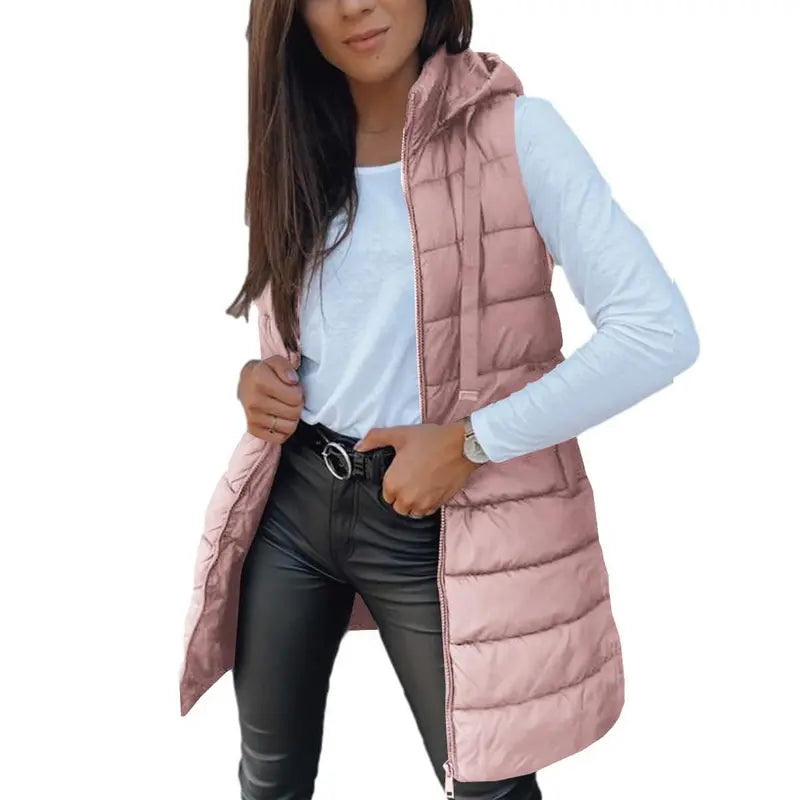 Hooded Long Puffer Vest Without the Bulk