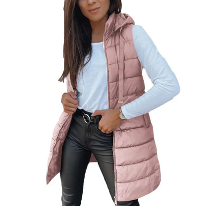 Hooded Long Puffer Vest Without the Bulk