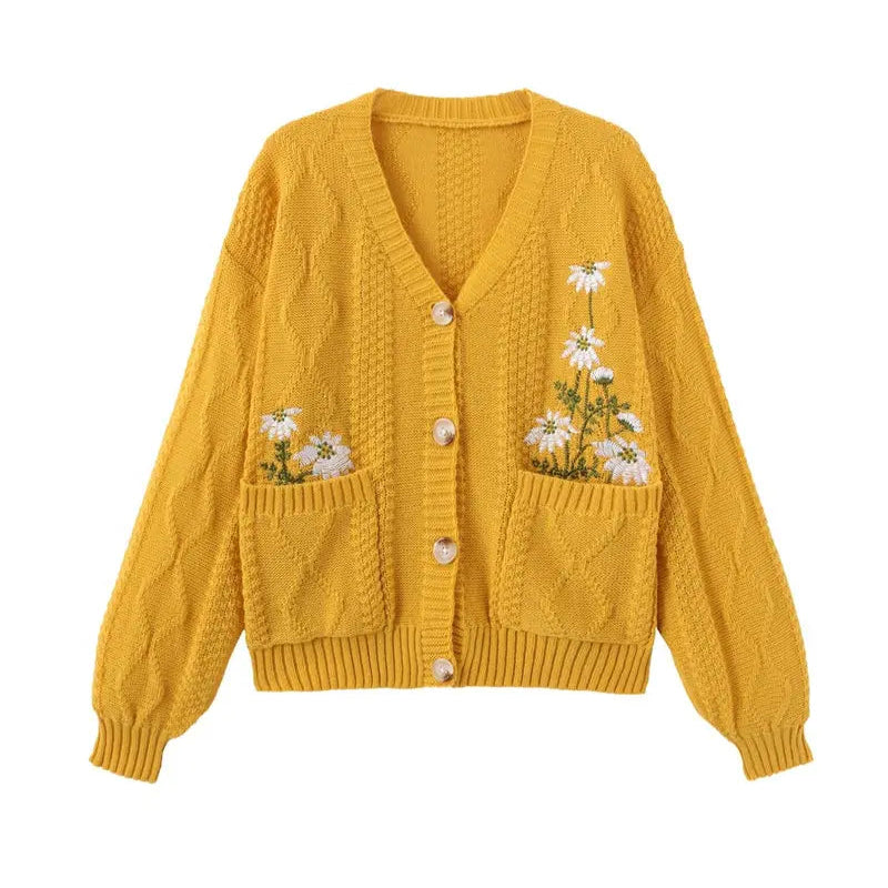 Women's Floral Embroidered Cable Knit Cardigan – Cozy Relaxed Button-Front Sweater with Pockets
