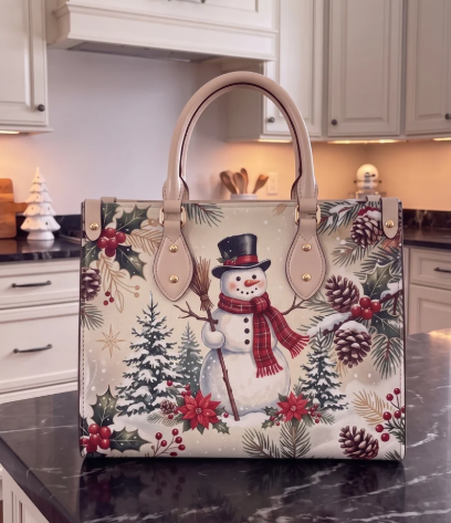 Christmas-Themed Holiday Handbag - Large Capacity, Made of Leather