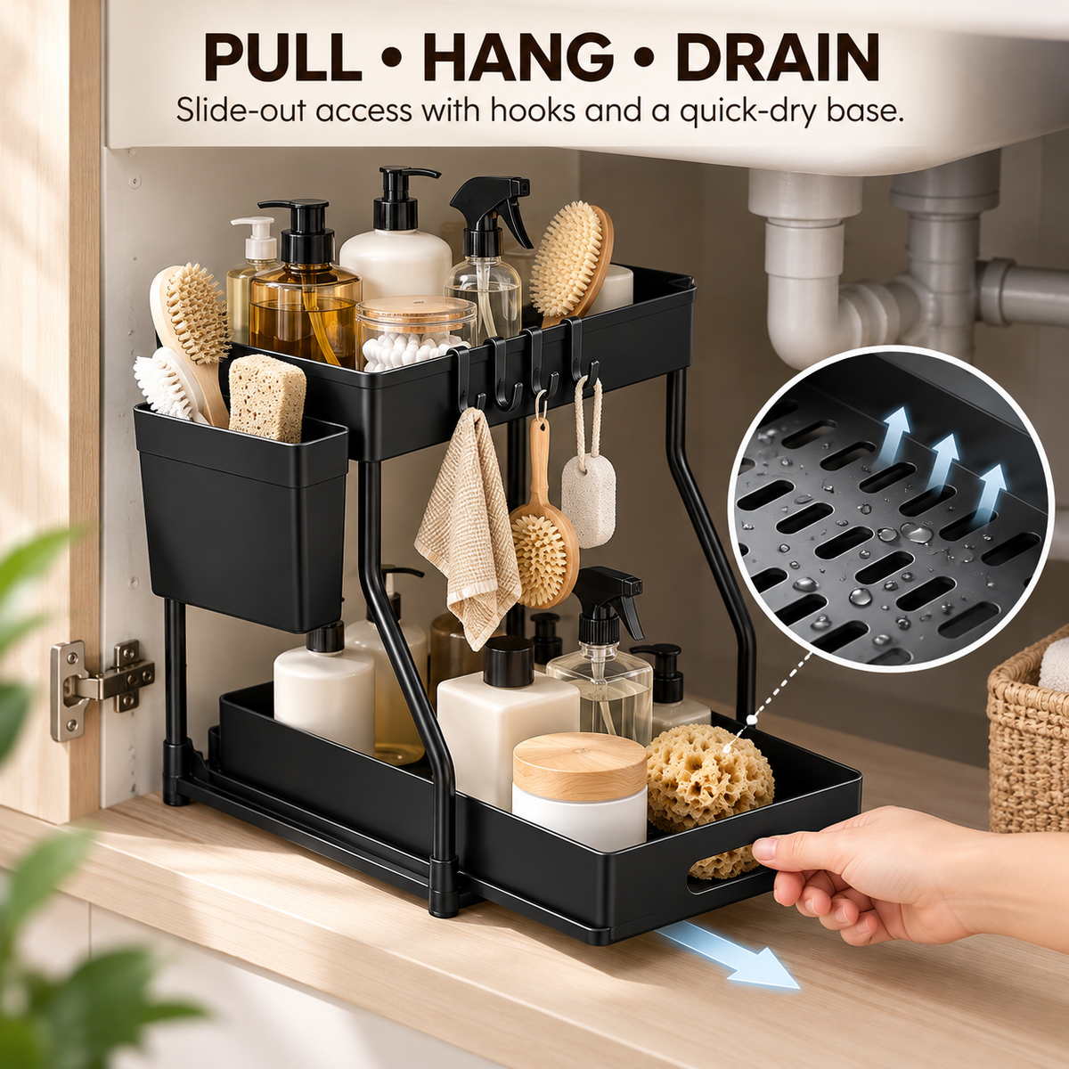 2-Tier Pull-Out Under-Sink Organizer with Hooks &amp; Side Basket