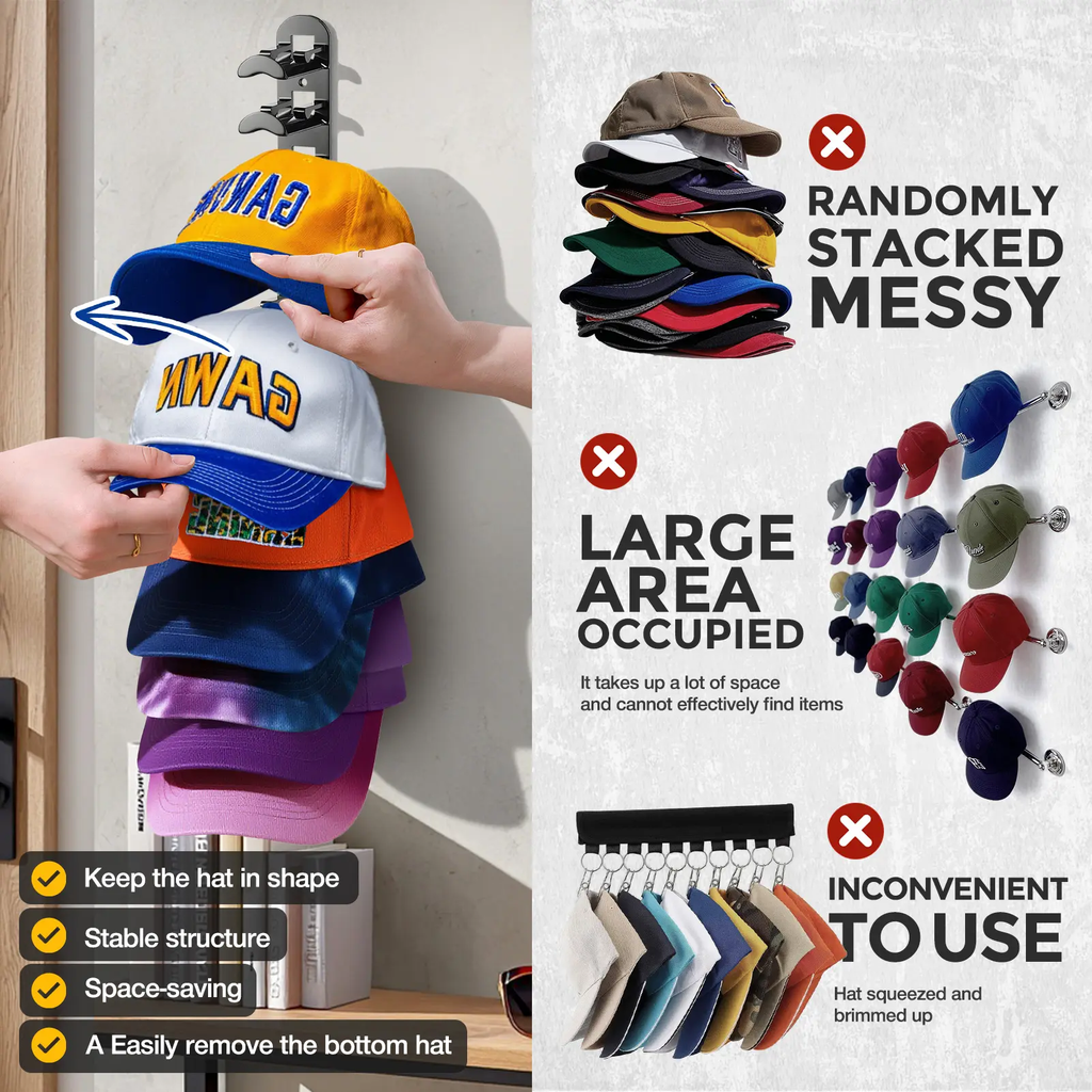 🧢Wall-mounted hat rack – each rack can hold 10 hats🧢No-drill installation