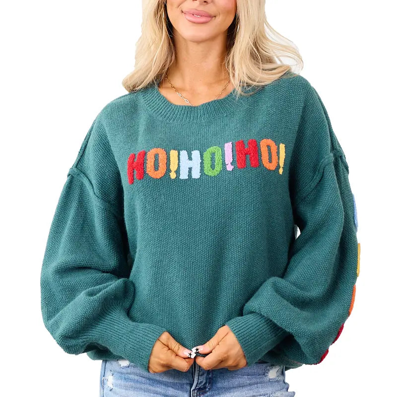 🎄 Women's Oversized Christmas Sweater – Colorful Chenille HO HO HO & MERRY CHRISTMAS Graphic Knit Pullover