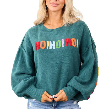 🎄 Women's Oversized Christmas Sweater – Colorful Chenille HO HO HO & MERRY CHRISTMAS Graphic Knit Pullover