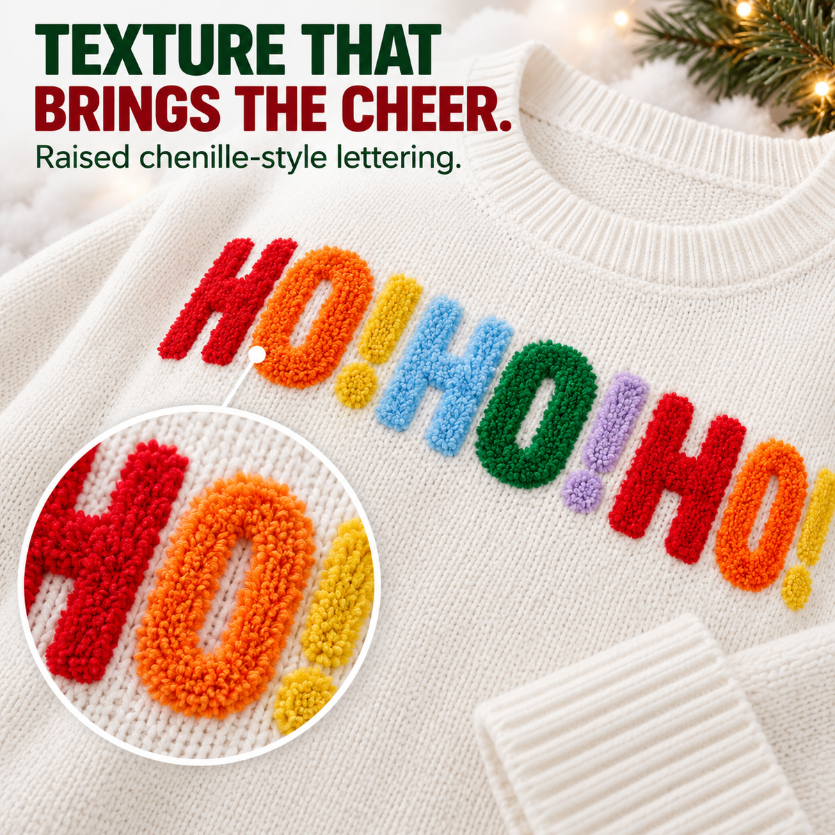 🎄 Women's Oversized Christmas Sweater – Colorful Chenille HO HO HO & MERRY CHRISTMAS Graphic Knit Pullover