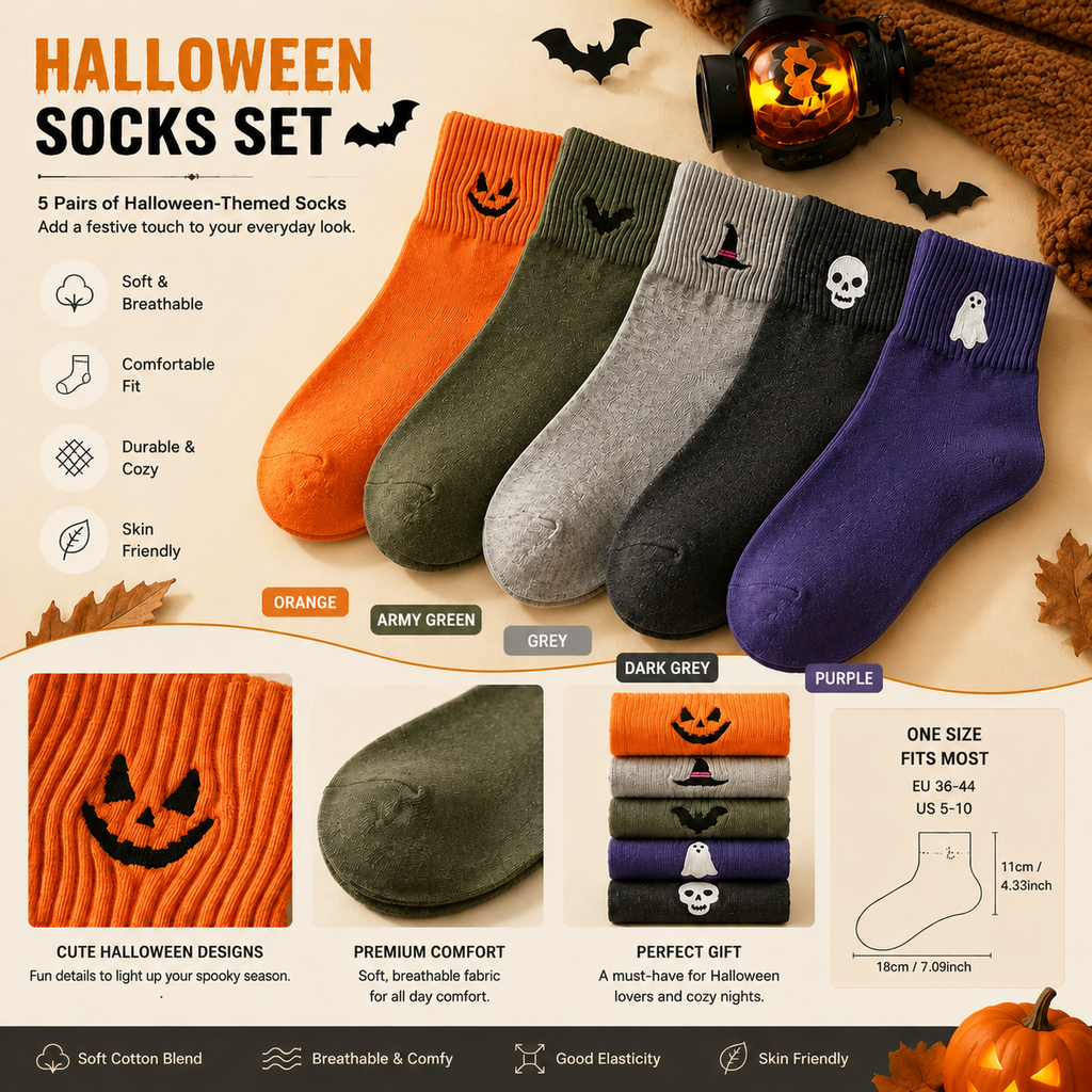 Spooky & Cute Halloween Socks for Women – 5-Pair Cozy Crew Sock Set
