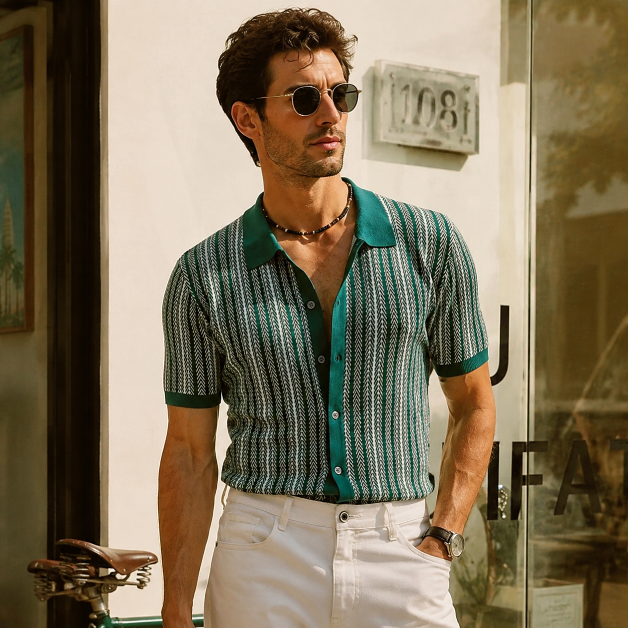 Men’s Vintage Striped Knit Polo Shirt – Retro Button-Front Short Sleeve Top