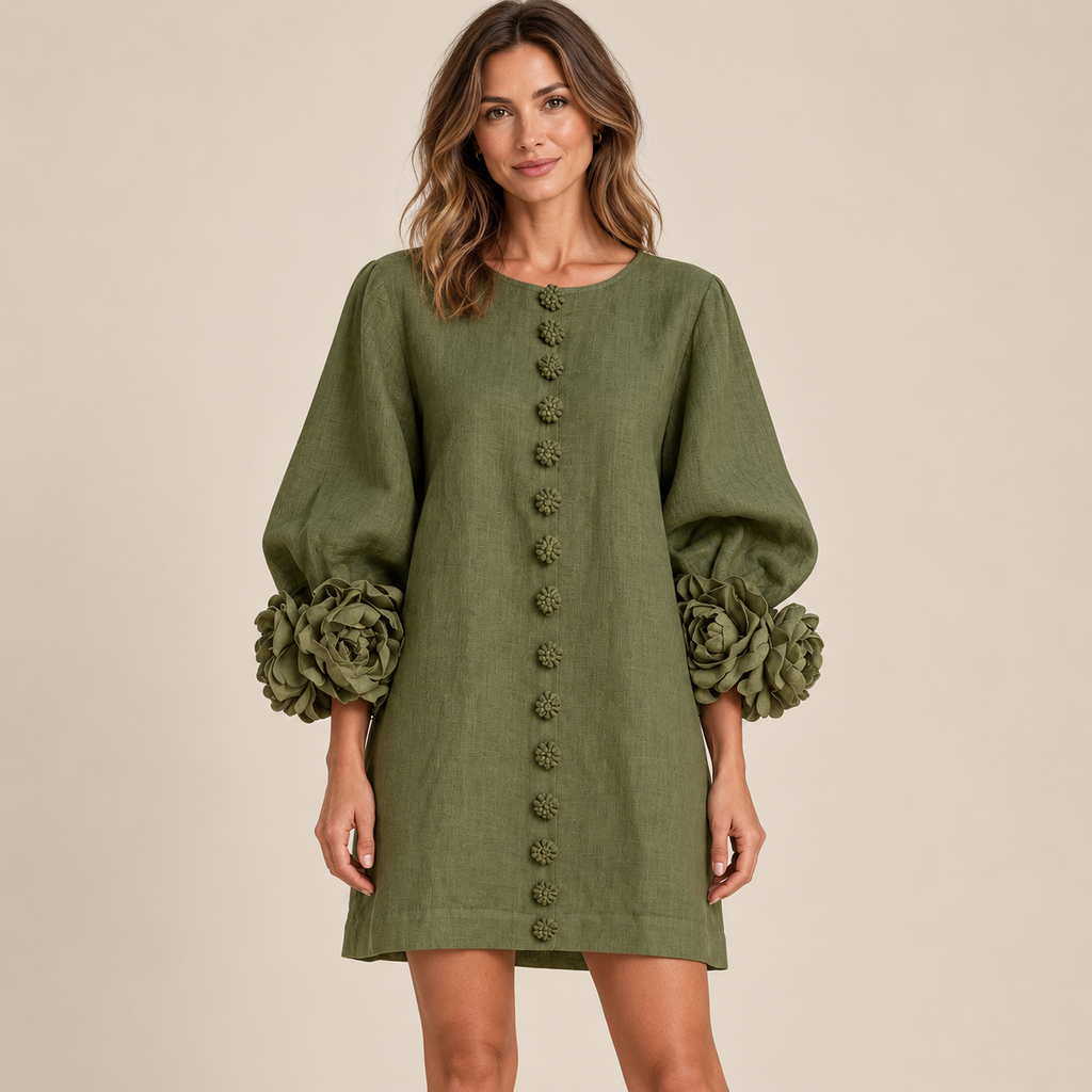 Women's Statement Floral Cuff Mini Dress – Relaxed A-Line Fi