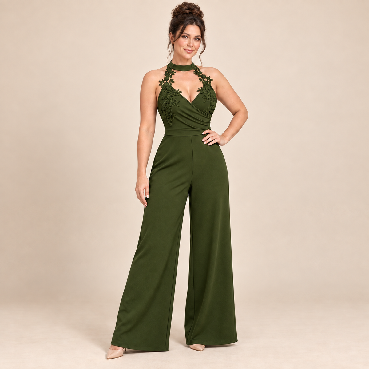 Floral Lace Halter Neck Wide-Leg Jumpsuit for Women | Evening Party & Wedding Guest
