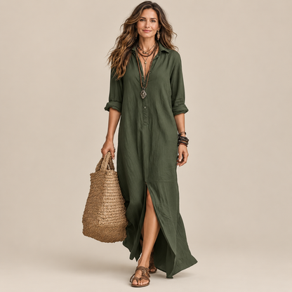 Effortless Boho Chic Long Sleeve Button-Down Maxi Shirt Dress