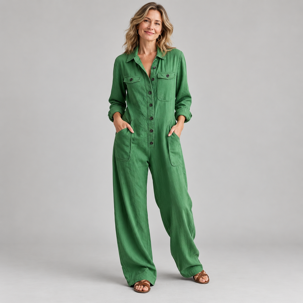 Women's 2026 New French Style Button-Front Full-Length Workwear Jumpsuit