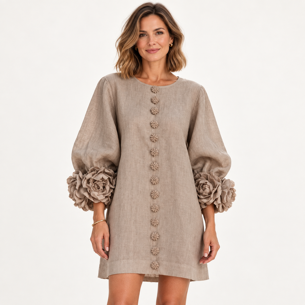 Women's Statement Floral Cuff Mini Dress – Relaxed A-Line Fi