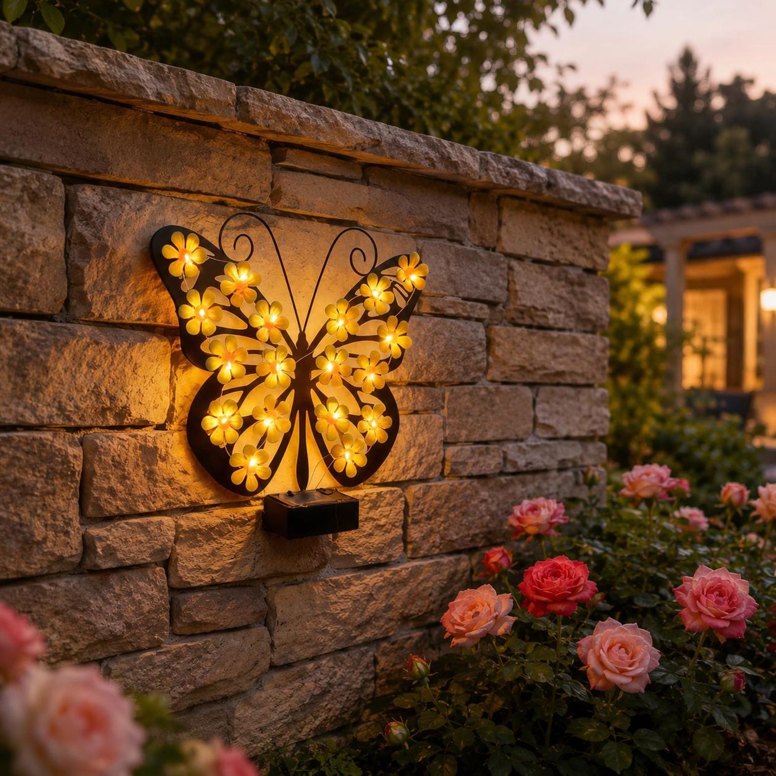 Outdoor Metal Butterfly Wall Art Decorative Solar Light