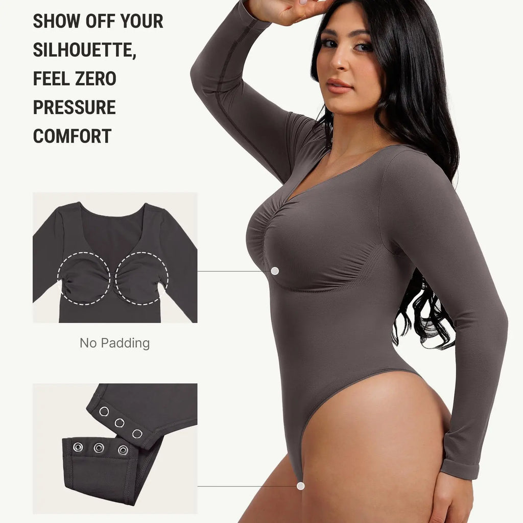 Seamless Long Sleeve Bodysuit for Women Shapewear Thong Tops