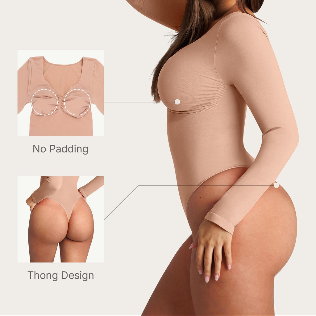 Seamless Long Sleeve Bodysuit for Women Shapewear Thong Tops