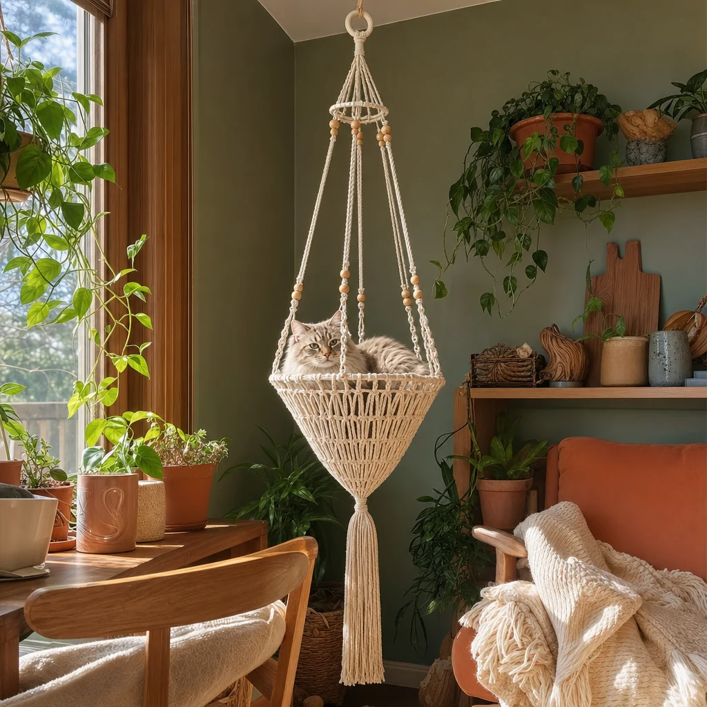 Handwoven Macramé Hanging Cat Bed for Cozy Elevated Lounging