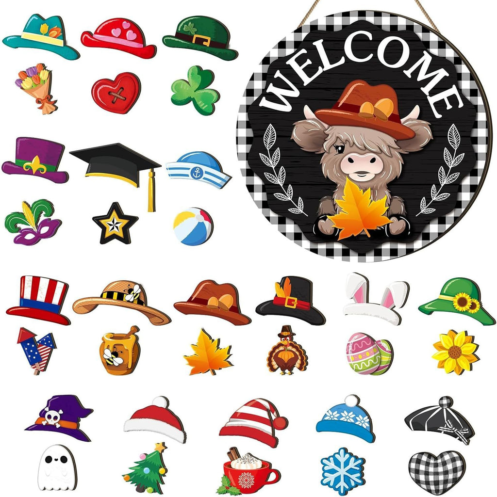 Interchangeable Front Door Welcome Sign Set with Seasonal Holiday Seasonal Icons